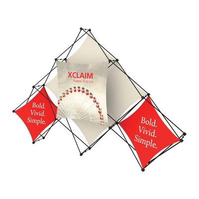 Quad pyramid fabric pop-up display with promotional graphics for trade shows and exhibitions