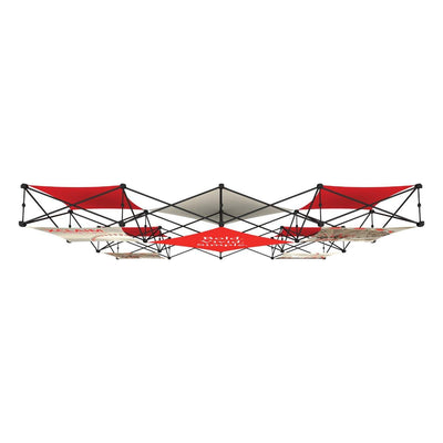 Large 10ft overhead trade show display frame with graphic panels for exhibitions and events