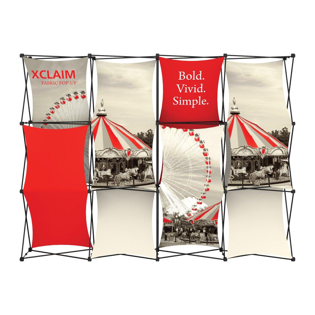 XClaim fabric pop-up display featuring bold graphics and carnival imagery for trade shows and exhibitions