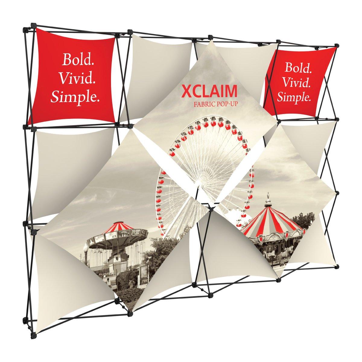 Xclaim fabric pop-up display featuring vivid panels and carnival-themed graphics for trade shows and exhibitions