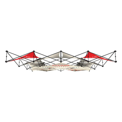 Foldable trade show canopy frame with branded fabric panels for exhibitions and events