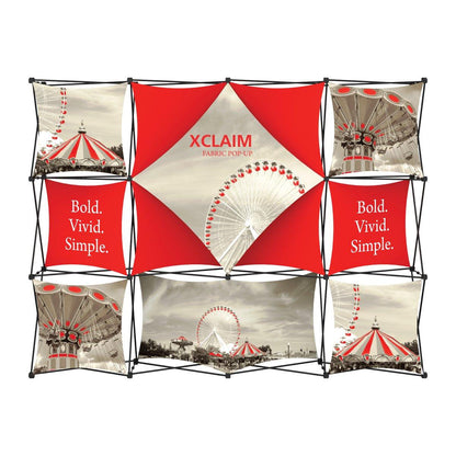 Fabric pop-up display for trade shows featuring carnival images and bold text panels