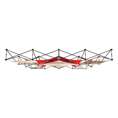 Large overhead trade show display frame with fabric graphics for exhibitions and special events