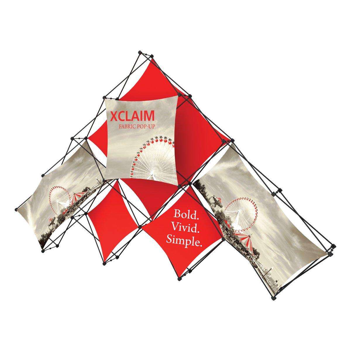 Xclaim fabric pop-up display with pyramid design, showcasing bold graphics for trade shows and exhibitions