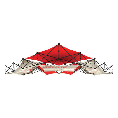Expandable quad pyramid trade show display frame with custom fabric graphics for exhibitions and events