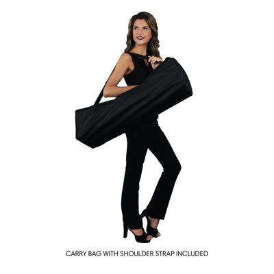 Person carrying a large carry bag with shoulder strap for trade show and exhibition equipment