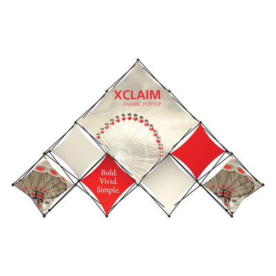 Xclaim fabric pop-up trade show display featuring geometric panels with amusement park graphics for exhibitions