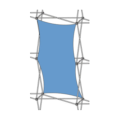 Vertical fabric display with tensioned corners on a metal frame for trade shows and exhibitions