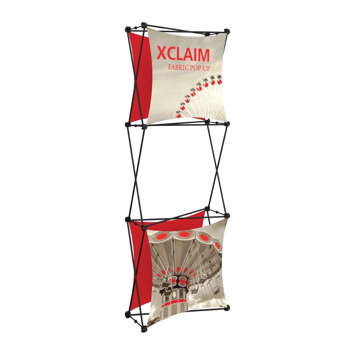 Freestanding fabric pop-up display for trade shows featuring printed graphics and collapsible frame