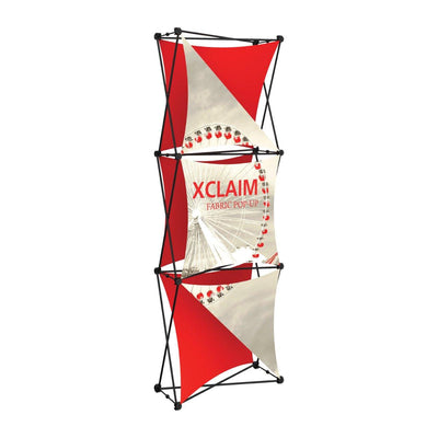 Fabric pop-up display stand featuring printed graphics for trade shows and exhibitions
