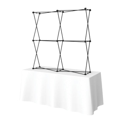 Pop-up frame display setup on tabletop for trade shows and exhibitions
