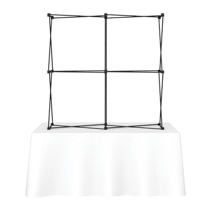 Portable tabletop display frame on table for trade shows and exhibitions