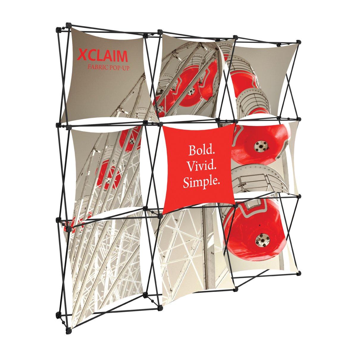 Modular fabric pop-up display with graphic panels for trade shows and exhibitions, featuring bold branding and clear messaging