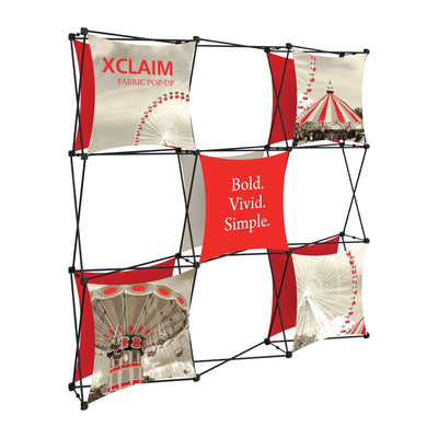 Pop-up fabric display frame for trade shows featuring bold graphics and carousel images