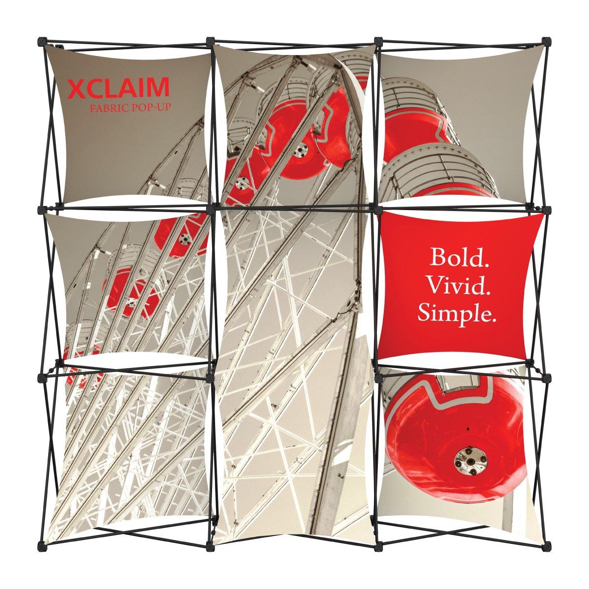 Fabric pop-up display frame with segmented graphic panels for trade shows and exhibitions