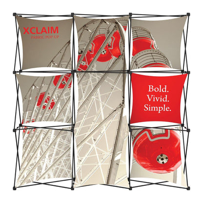 Fabric pop-up display frame with segmented graphic panels for trade shows and exhibitions