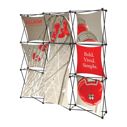 Fabric pop-up display stand featuring bold, vivid graphics for trade shows and exhibitions