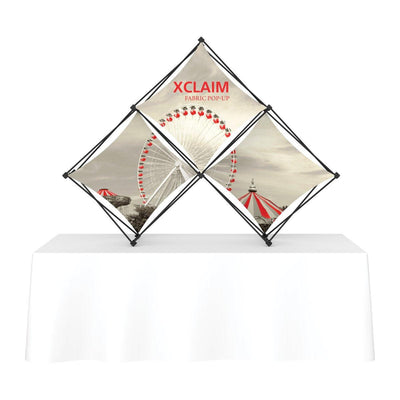 Fabric pop-up display stand with printed carnival image, ideal for trade shows and exhibitions