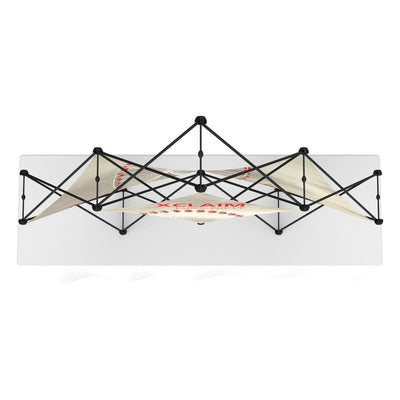 Overhead view of a quad pyramid hanging display with graphic panels for trade show and exhibition booths