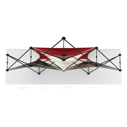 Overhead view of a collapsible trade show pop-up display framework with fabric graphics for exhibitions and events