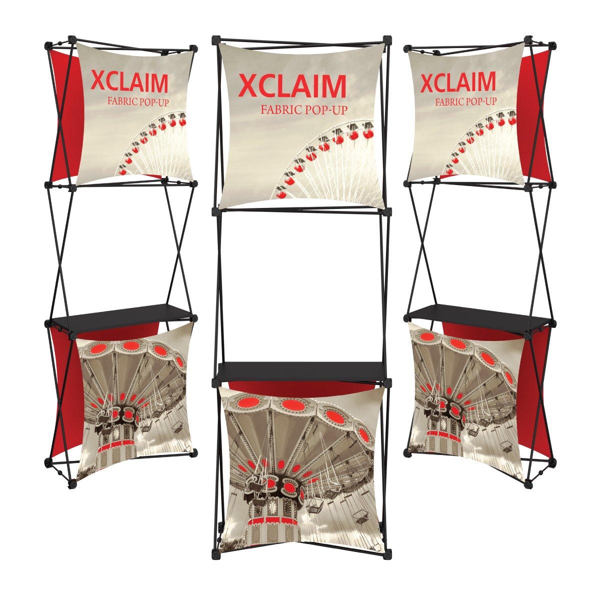 Xclaim fabric pop-up display with shelves, ideal for trade shows, exhibitions, and special events