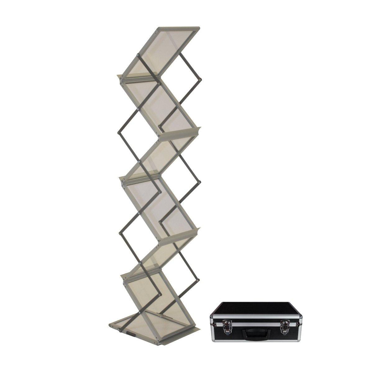 Foldable literature rack next to a hard carrying case for trade shows and exhibitions