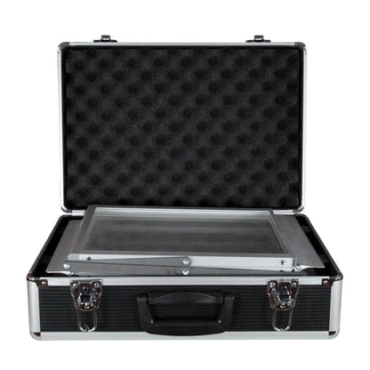 Protective case with foam interior holding a foldable literature rack for trade shows and exhibitions