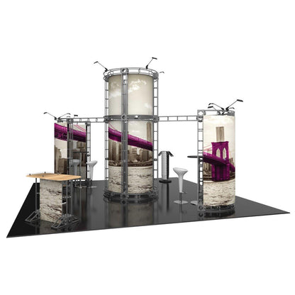 Modular island truss display with graphic panels and counter for trade shows and exhibitions