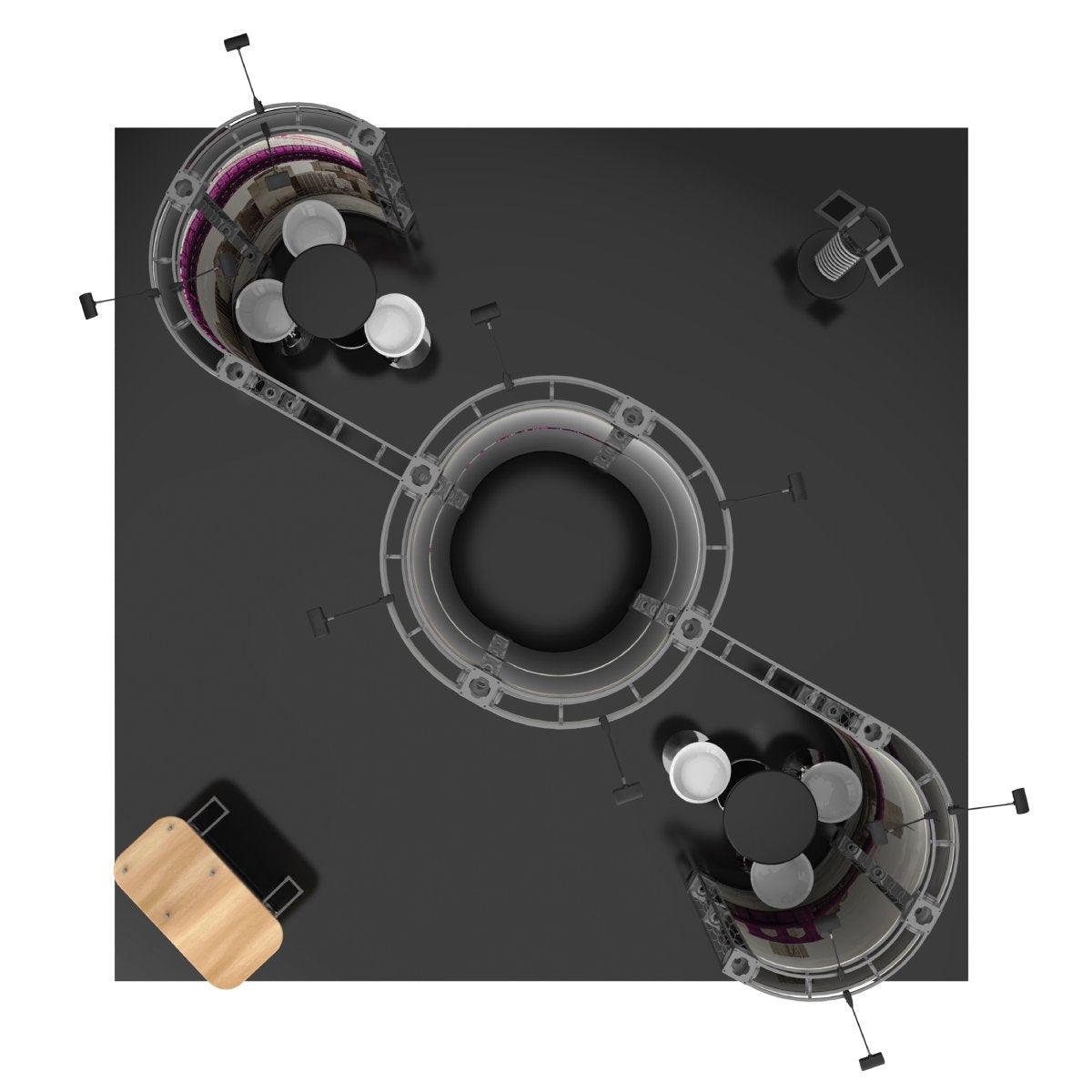 Top view of modular island truss display with curved booths and tables for trade shows and exhibitions
