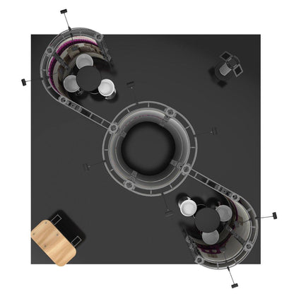 Top view of modular island truss display with curved booths and tables for trade shows and exhibitions