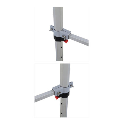 Close-up of metal connectors securing frame poles for trade show tent or exhibition display setup
