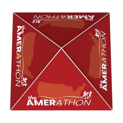 Overhead view of a branded event tent canopy for trade shows and exhibitions featuring marathon theme graphics