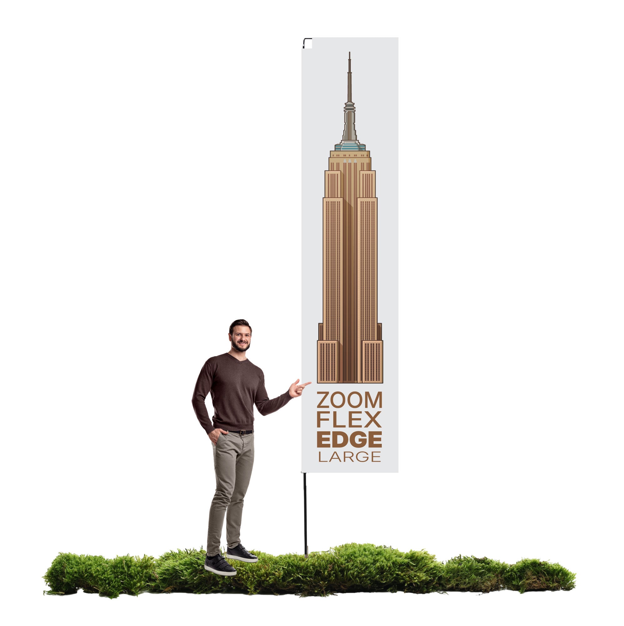 Man standing next to large Zoom Flex Edge banner with building graphic for trade shows and exhibitions