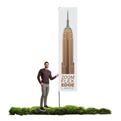 Man standing next to large Zoom Flex Edge banner with building graphic for trade shows and exhibitions