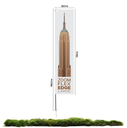 Tall vertical trade show banner with cityscape graphic and Zoom Flex Edge Large branding