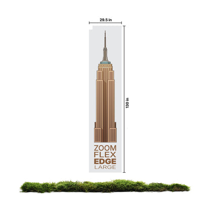 Large Zoom Flex Edge trade show graphic panel featuring a tall building illustration with dimensions for exhibitions and events