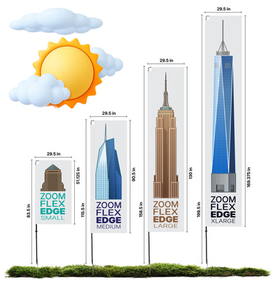 Four vertical Zoom Flex Edge banner displays with building graphics and measurements for trade shows and exhibitions