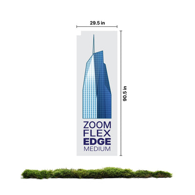 Vertical banner display with building graphic and text Zoom Flex Edge Medium, ideal for trade shows and exhibitions