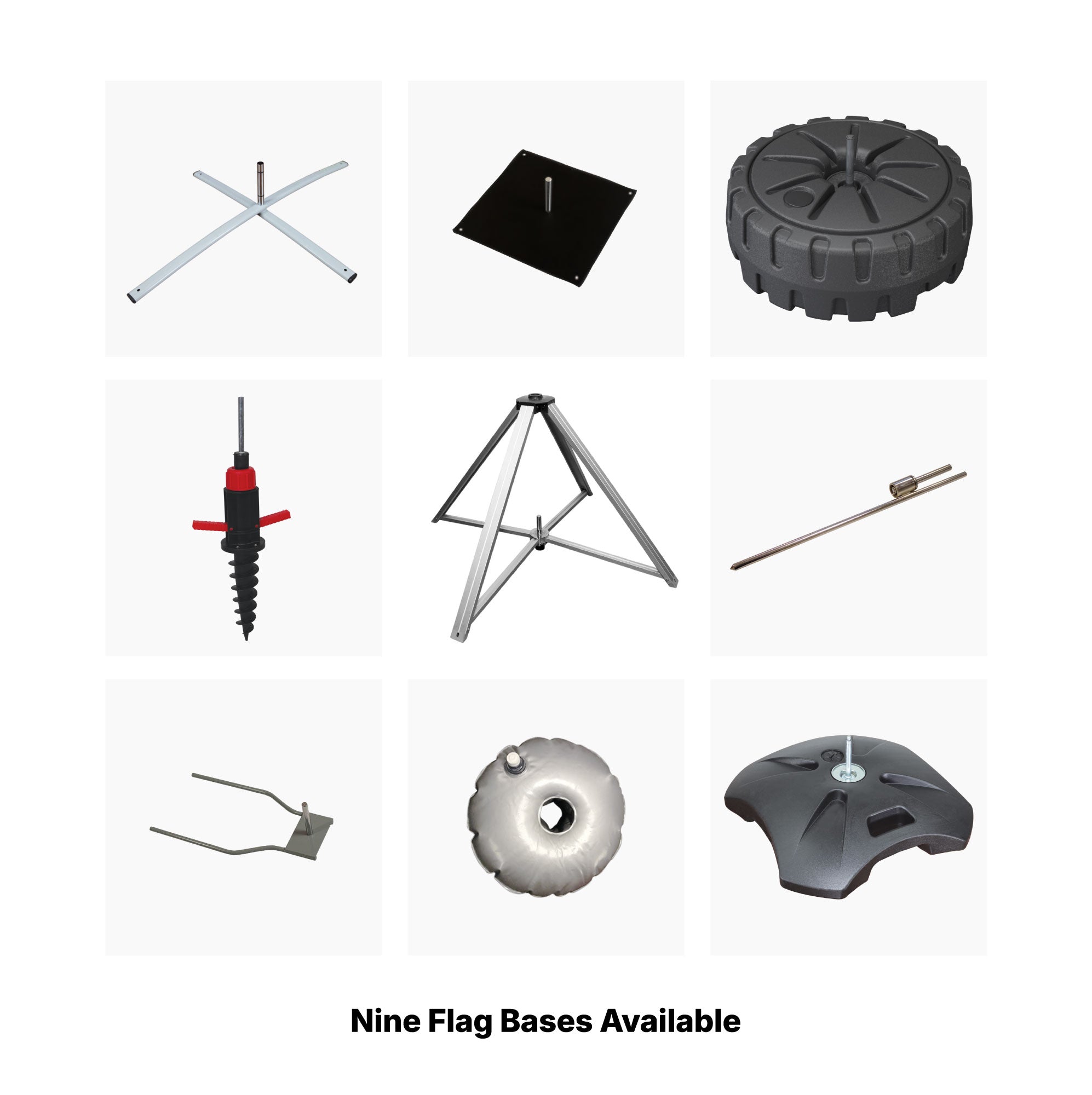 Nine different flag bases for trade shows, exhibitions, and special event displays