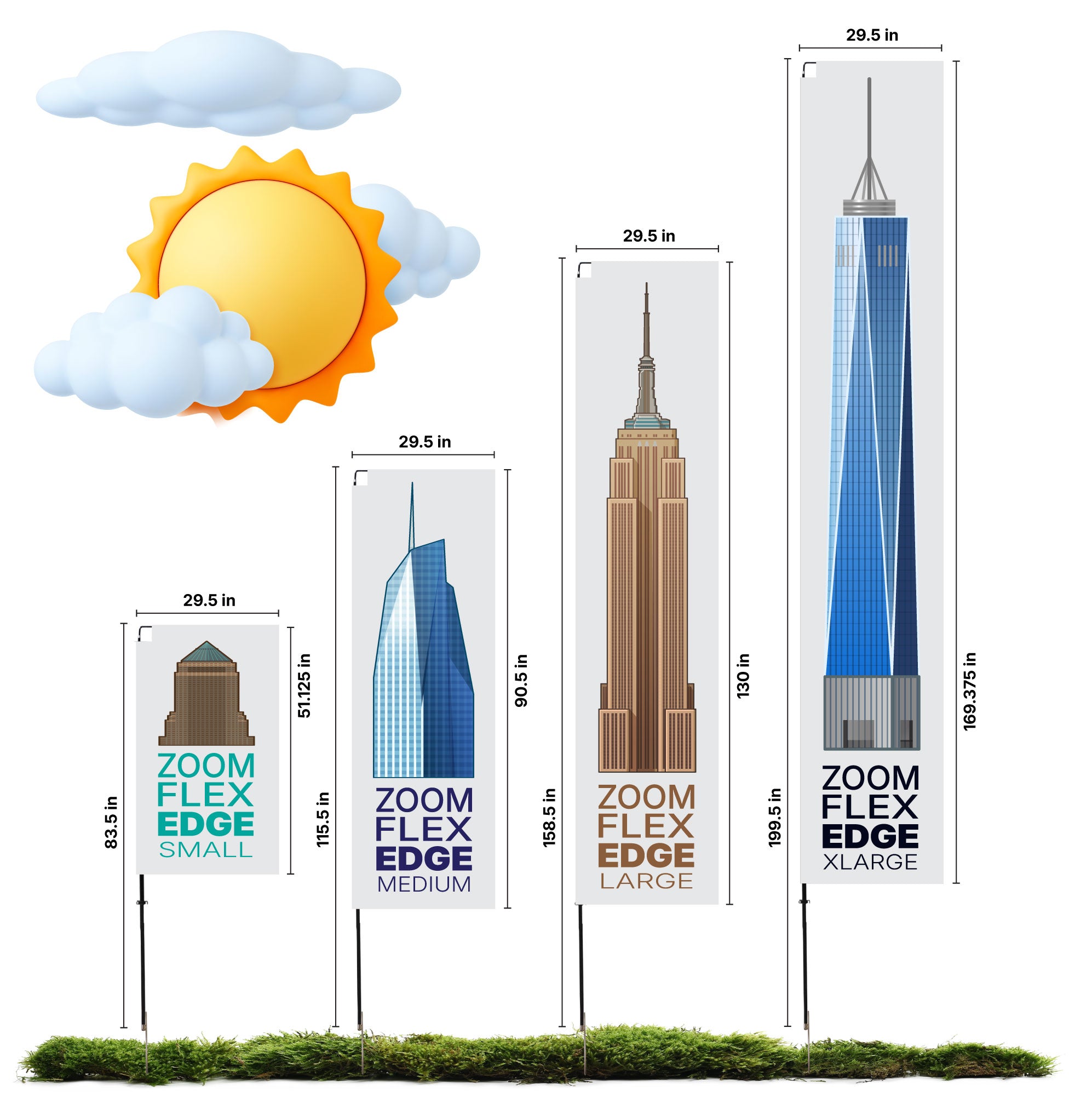 Four vertical Zoom Flex Edge trade show banners in small, medium, large, and extra-large sizes with building graphics and dimensions