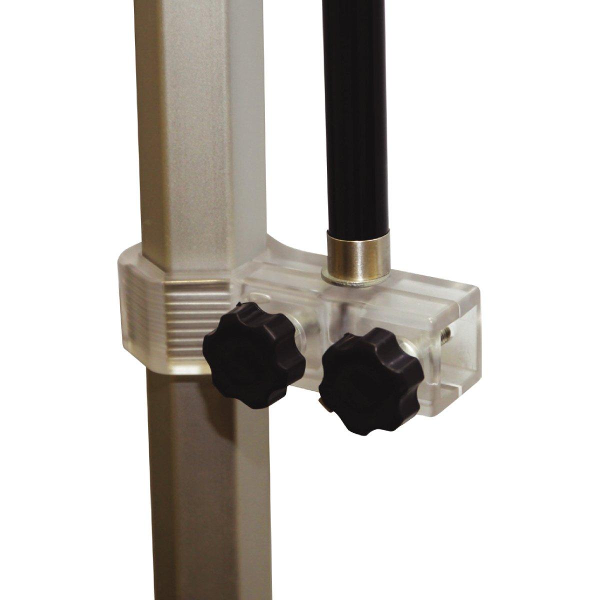 Close-up of clamp attachment for trade show tent flag pole on exhibition frame