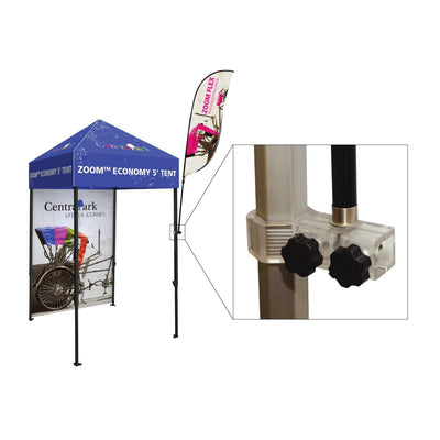 Trade show canopy tent with branded sidewall and zoom flex flag clamp for event display