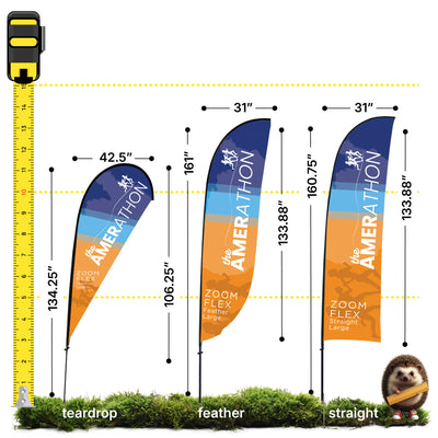 Trade show flags in teardrop, feather, and straight styles with dimensions for exhibitions and events
