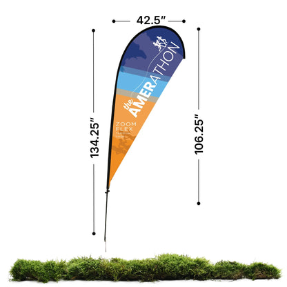 Large teardrop trade show flag with event branding and dimensions, ideal for exhibitions and special events