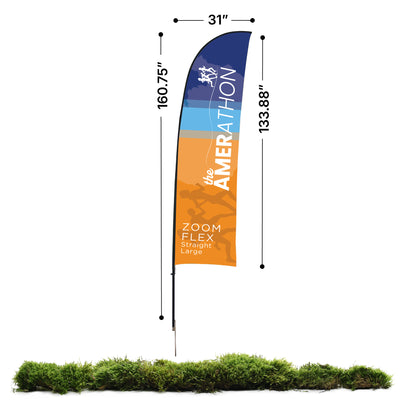 Tall Zoom Flex large flag banner with event branding for trade shows and exhibitions with dimensions