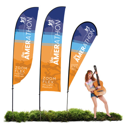 Three medium Zoom Flex trade show flags with marathon branding beside a woman playing guitar for event promotion