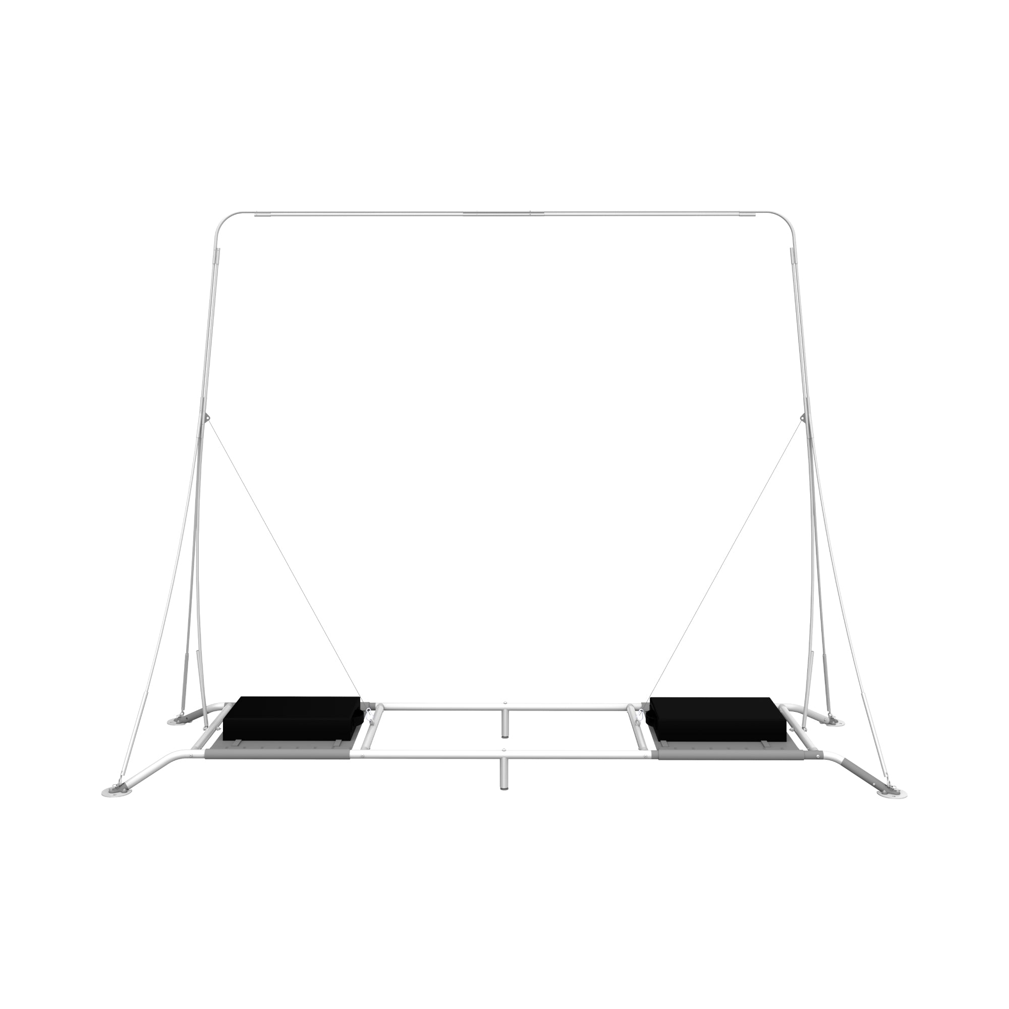 Trade show banner stand frame with support cables and weighted base plates for exhibitions and events