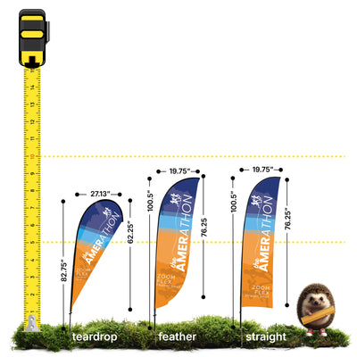 Three small promotional flags in teardrop, feather, and straight shapes with measurements, shown for trade shows and special events
