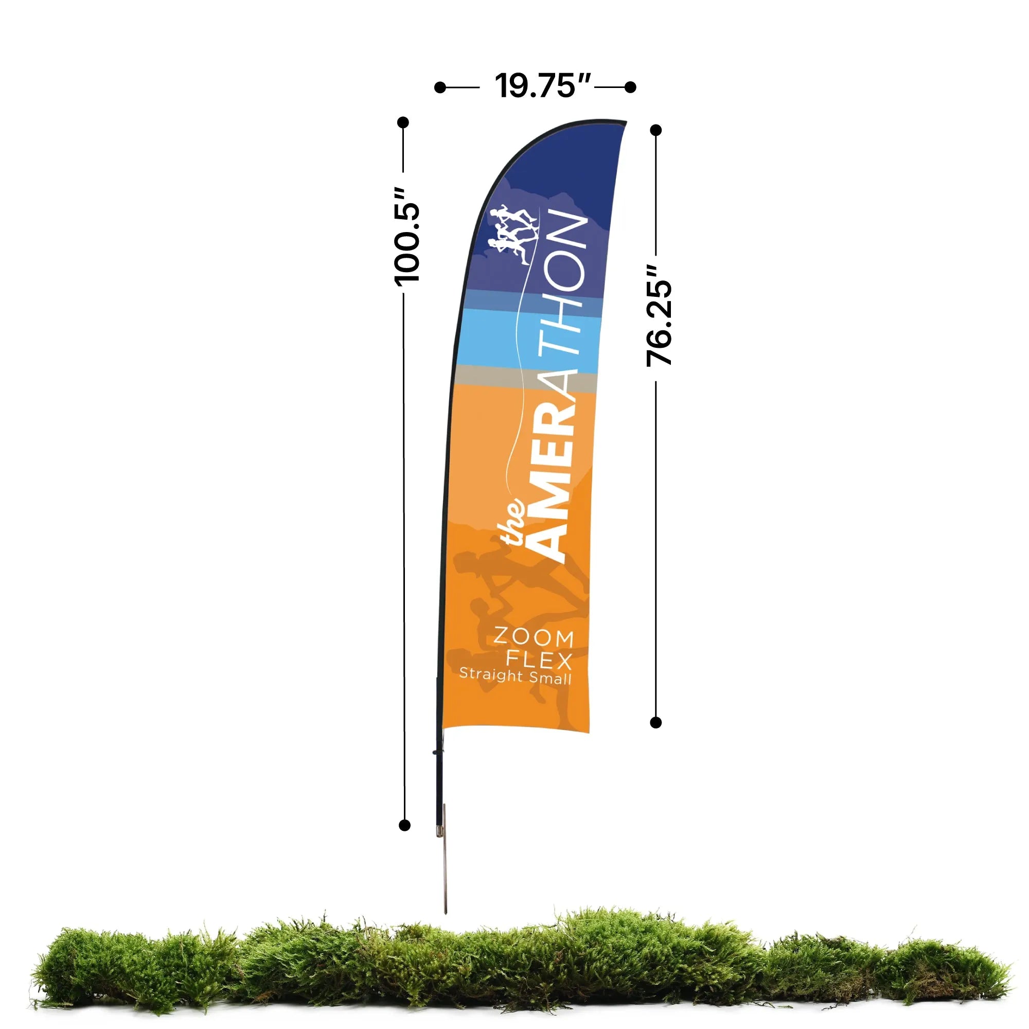 Tall outdoor feather flag banner with marathon design for trade shows and events, measuring 100.5 inches high