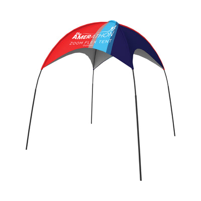 Zoom Flex Tent with branded canopy on four poles, ideal for trade shows and exhibitions